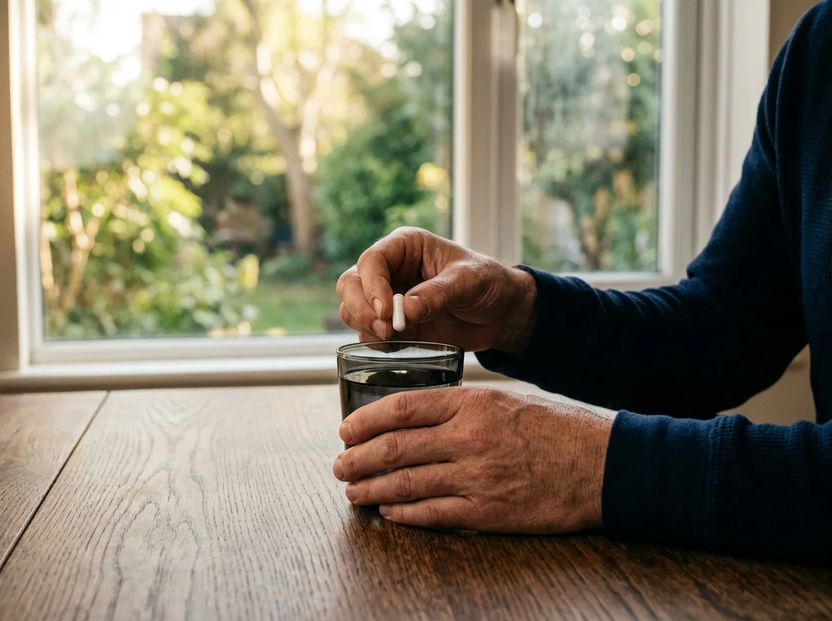 Ochtend inname van ondersteuning blaascomfort dagelijks supplement met water bij keukenraam